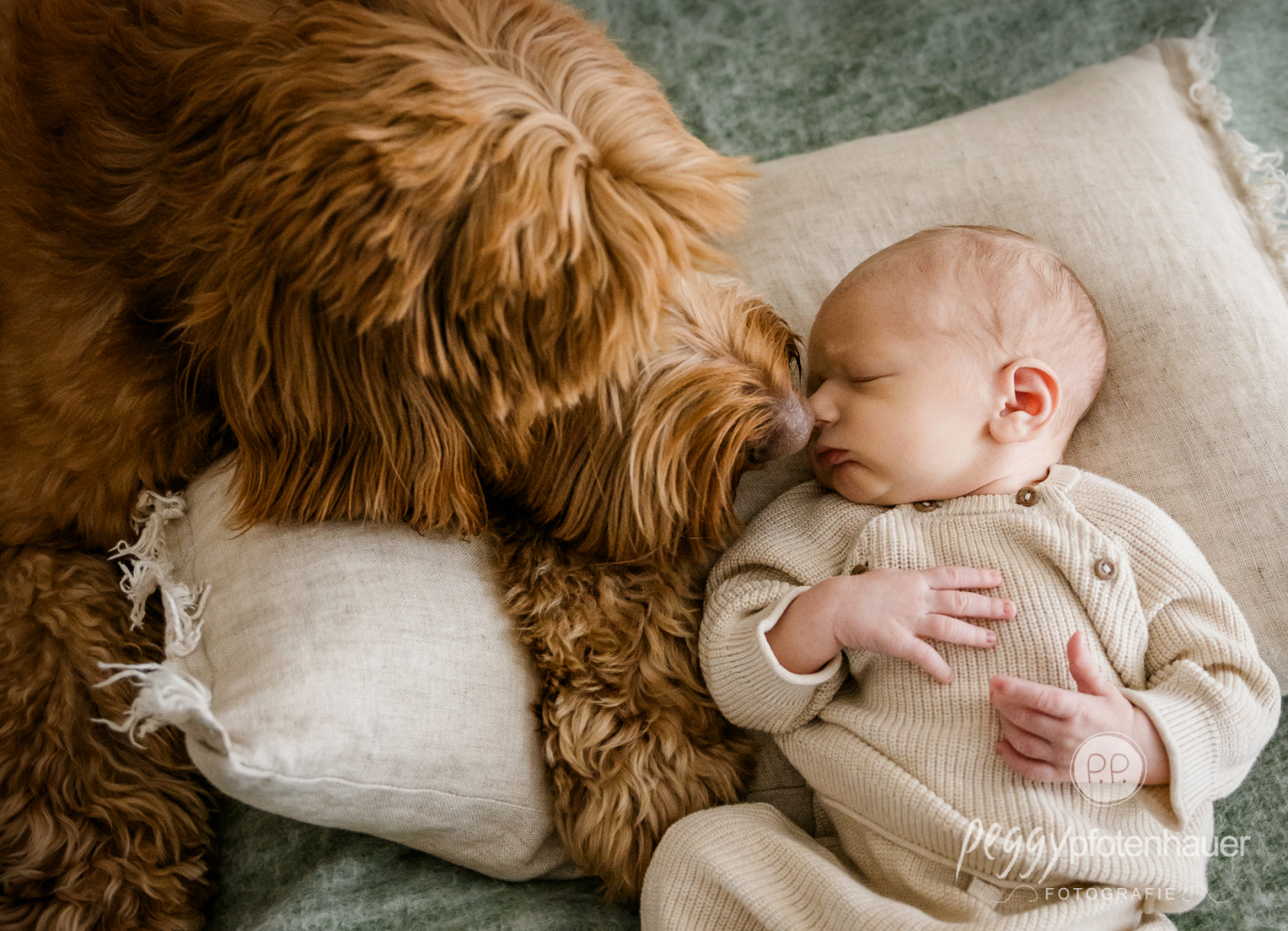 Baby kuschelt mit Hund