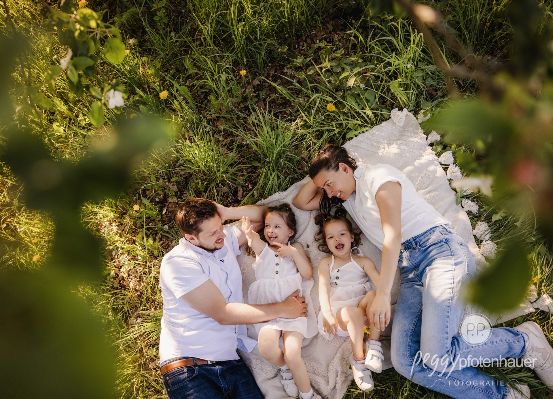 Familie liegt auf Decke in Wiese und spielt zusammen und lacht