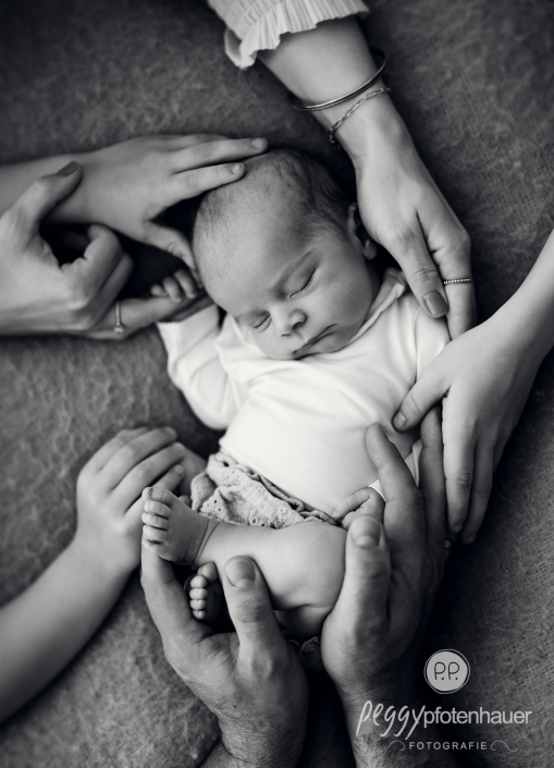 Baby liegt auf Decke und wird von vielen Händen gehalten