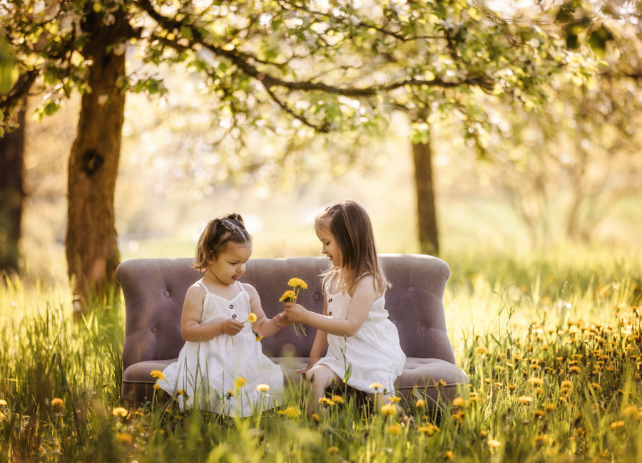 zwei Schwestern sitzen auf Sofa in Wiese und spielen mit Blumen im Abendlicht